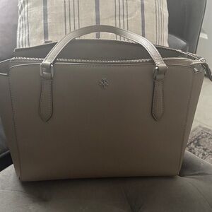 Tory Burch Structured Saffiano Satchel in Taupe